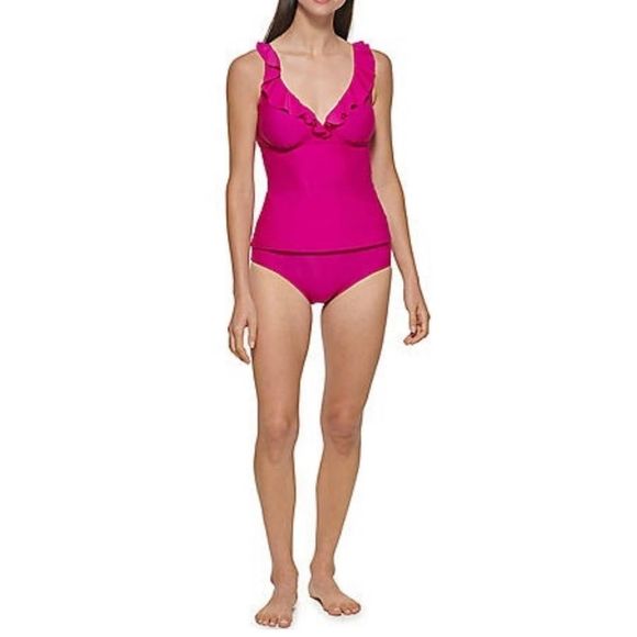 ☀️☀️☀️ DKNY FUSCIA Ruffle Tankini with Full Coverage Bottom - Picture 5 of 12